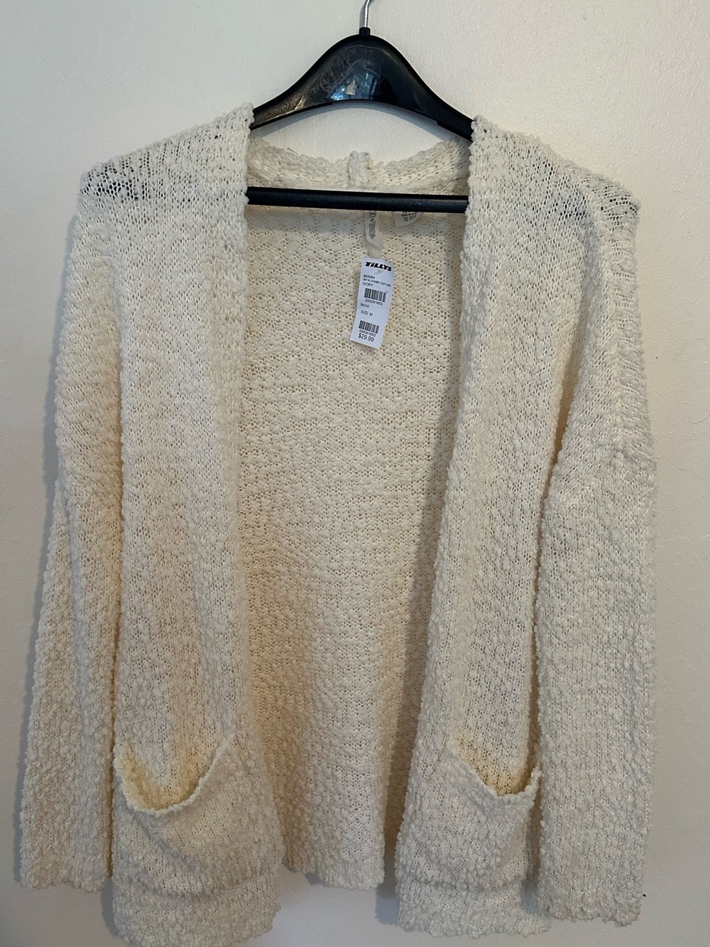Sky and Sparrow Cream Open-Front Knit Cardigan with Pockets